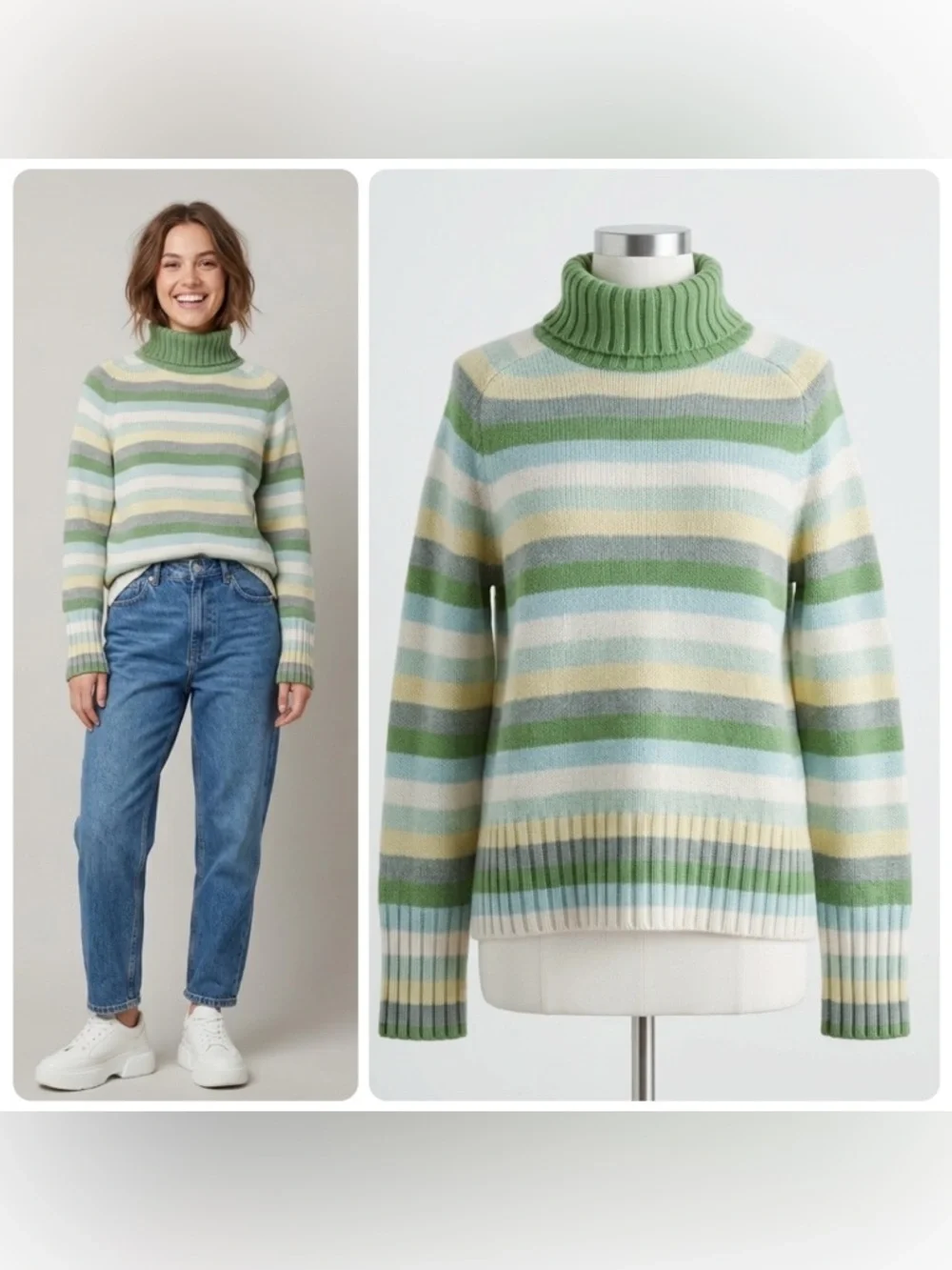 GAP 2003 Y2K Striped Turtleneck Sweater Green Cream Wool Blend XL Hong Kong - Picture 13 of 13